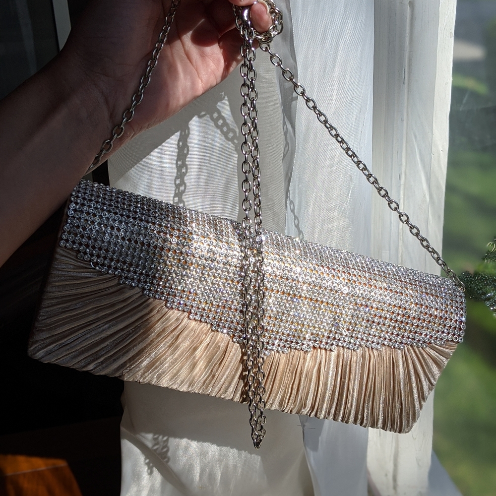 Satin & Rhinestone Clutch w/ Removable Chain